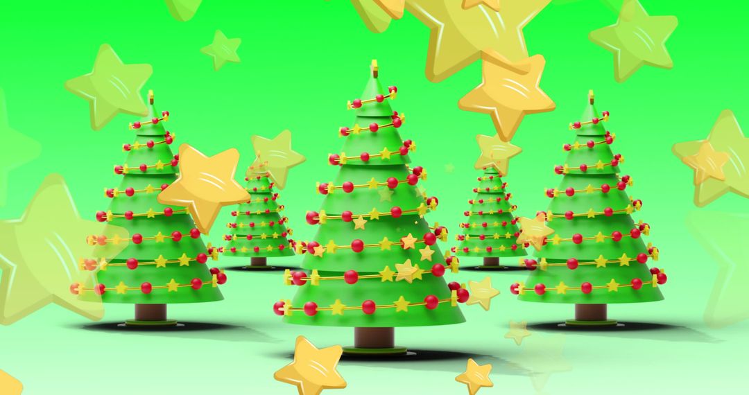 Floating Stars and Decorated Christmas Trees on Green Background