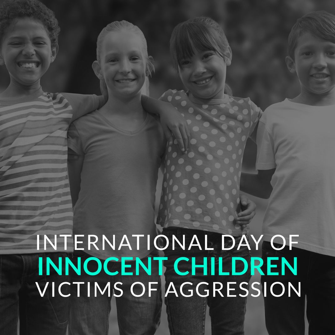 International day of innocent children victims of aggression text with happy multiracial children - Download Free Stock Templates Pikwizard.com
