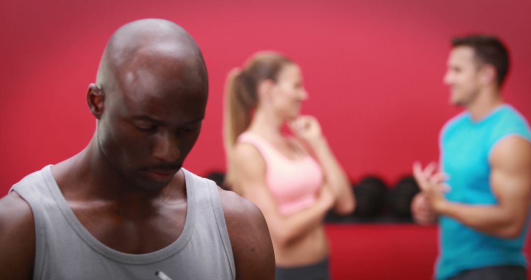 Contemplative Fit Man in Gym with Interacting Friends
