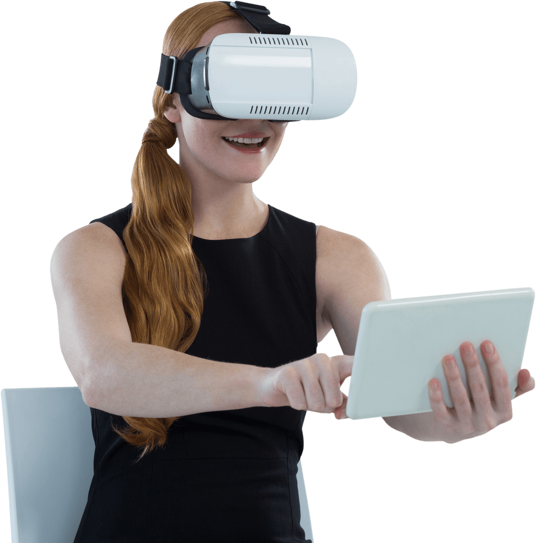 Female Executive Using Virtual Reality Headset with Digital Tablet Transparent