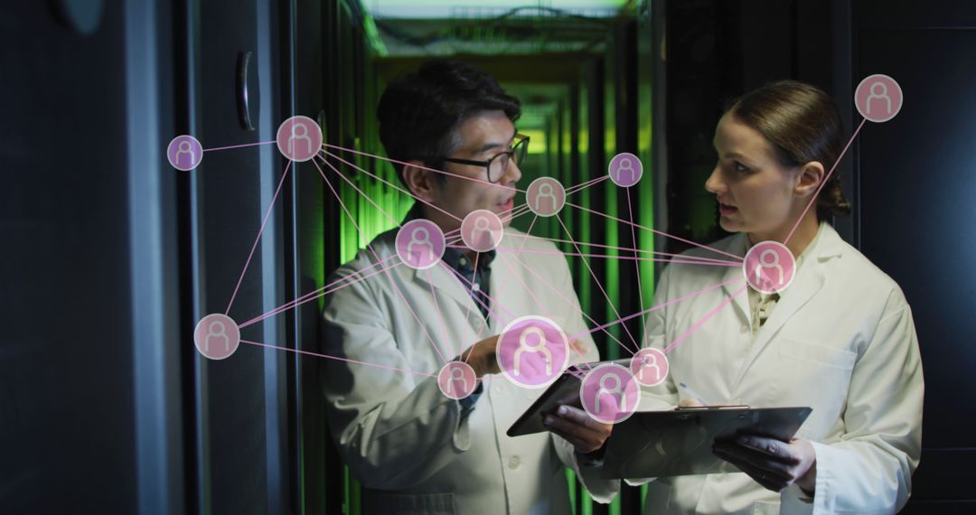 Scientists Analyzing Data with Futuristic Interface in Server Room - Free Images, Stock Photos and Pictures on Pikwizard.com