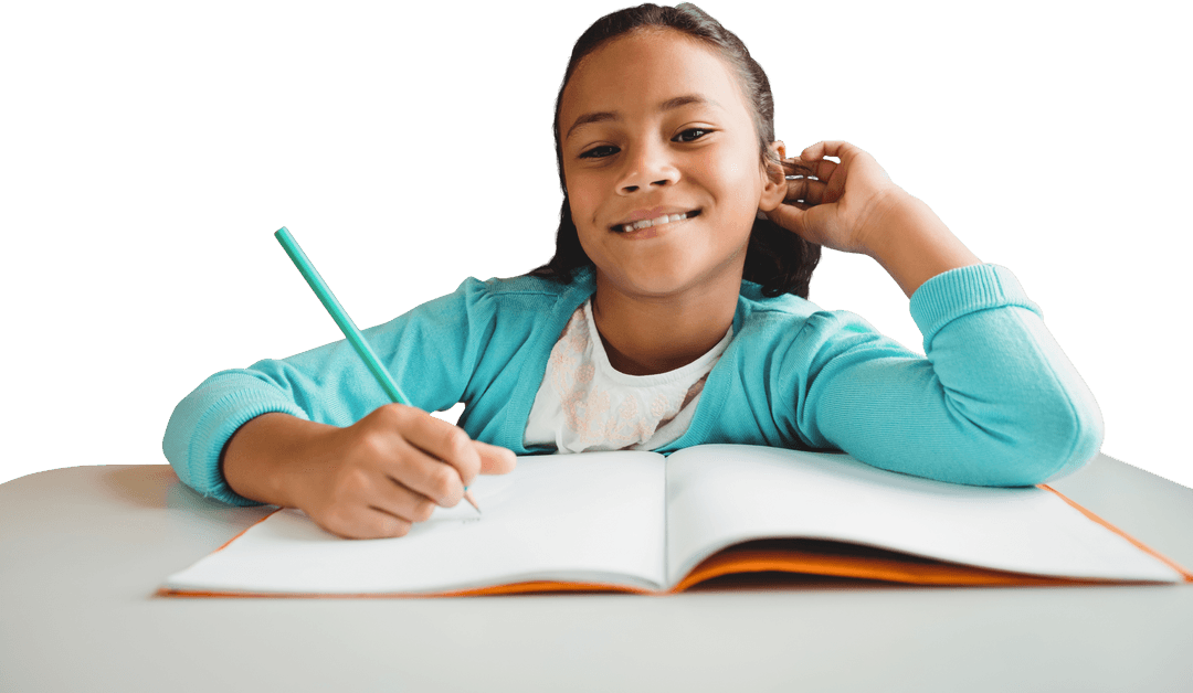Smiling Schoolgirl Writing in Workbook on Transparent Background