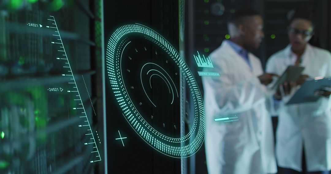African American Technicians Analyzing Data in Server Room