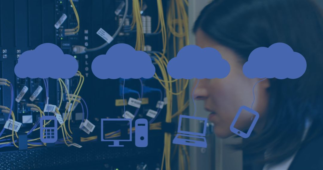 Cloud Computing Concept with Cloud Icons and Data Engineer in Server Room
