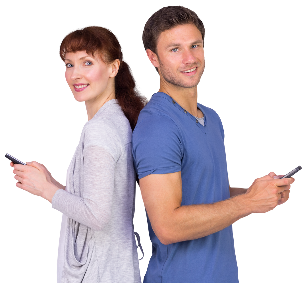 Transparent Smiling Couple Back to Back Texting on Smartphones - Download Free Stock Images Pikwizard.com