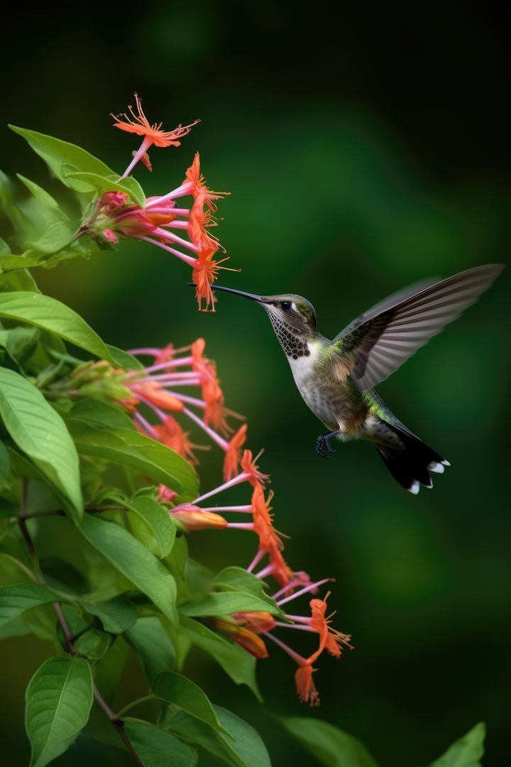 Hummingbird hovering by pink flower, copy space, created using generative ai technology - Free Images, Stock Photos and Pictures on Pikwizard.com