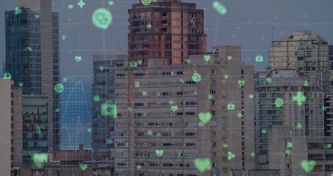 City skyline with technology integration and digital health icons