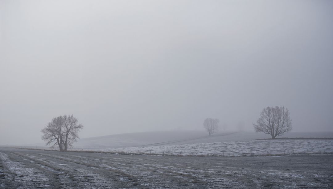 Solitary leafless tree standing on foggy frost-covered farmland with wide negative space