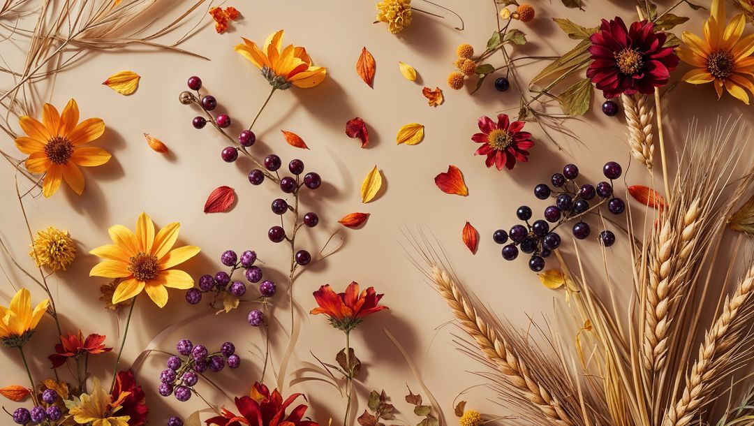 Autumn Floral Arrangement with Daisies, Berries, and Wheat on Cream Surface