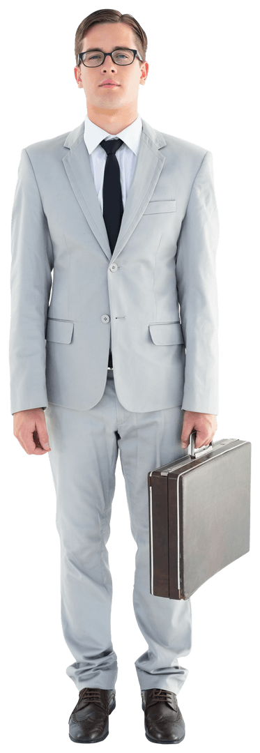Transparent Geeky Businessman Holding Briefcase with Confidence
