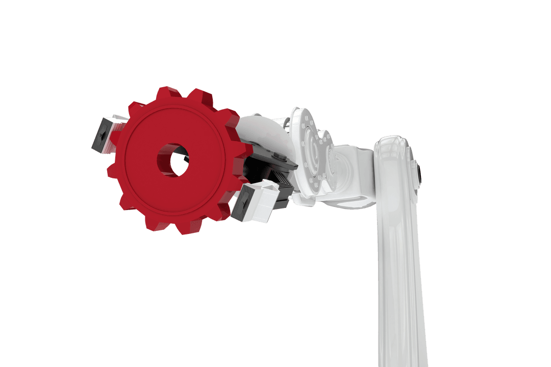 Robotic Arm Holding Red Gear on Transparent Background