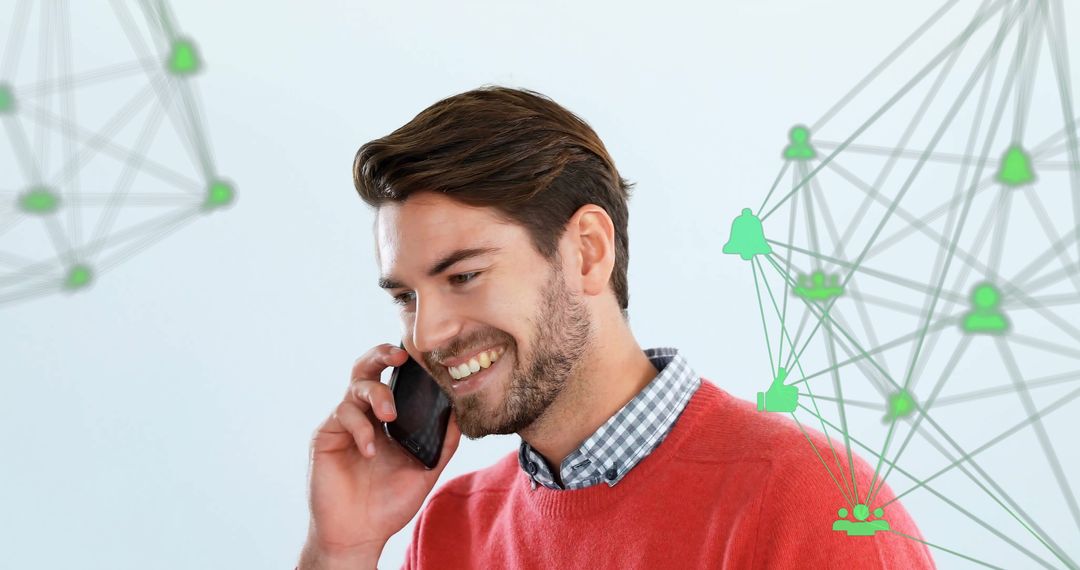 Man Enjoying Smartphone Conversation with Digital Connection Overlay