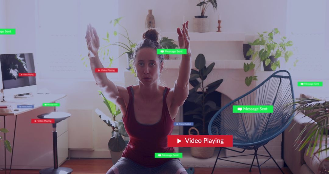 Focused Woman Practicing Yoga with Virtual Communication Notifications