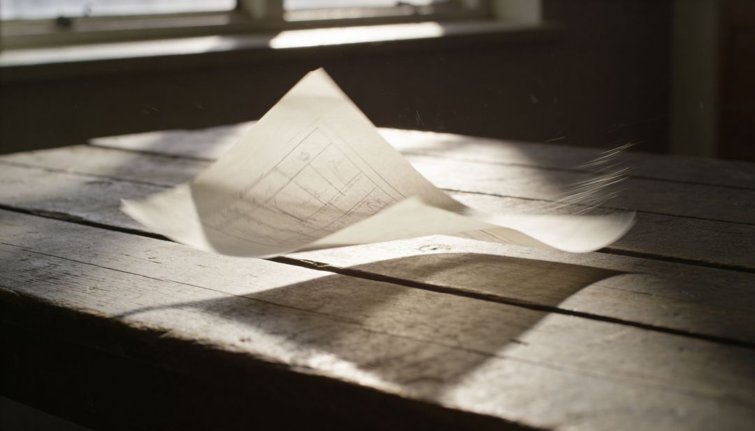 Sunlit Sheet Floating Above Weathered Wooden Table Casting Dramatic Shadow and Dust Motion