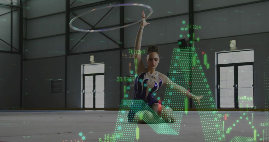 Gymnast Performing Rhythmic Routine with Digital Data Overlay