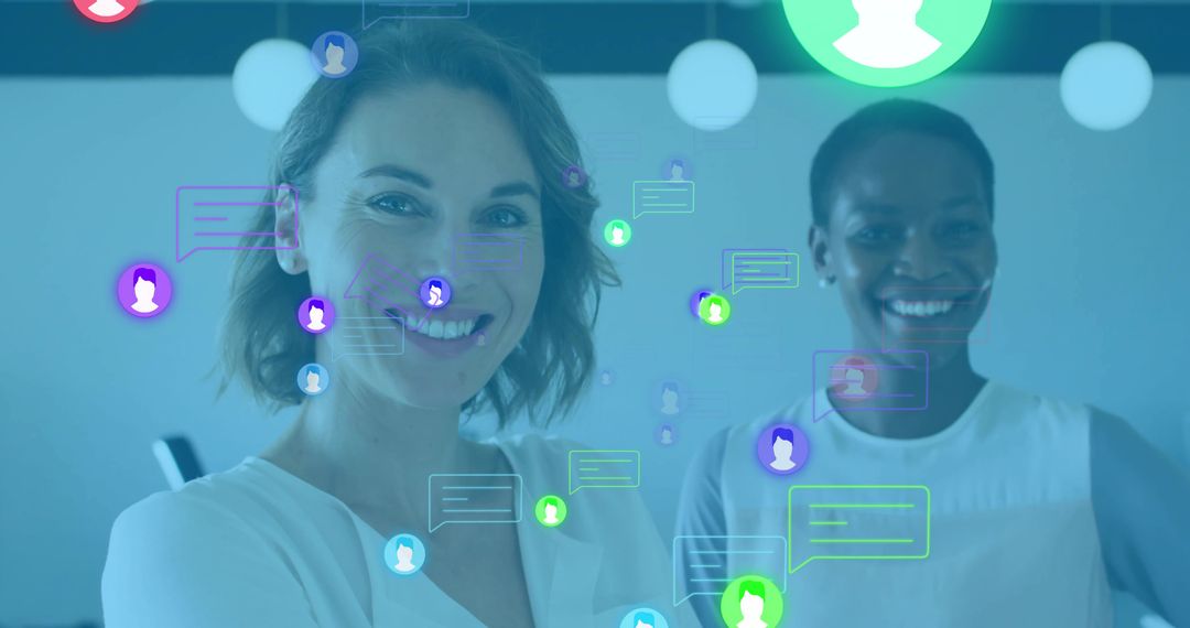Businesswomen Engaging in Virtual Communication with Chat Interface Icons