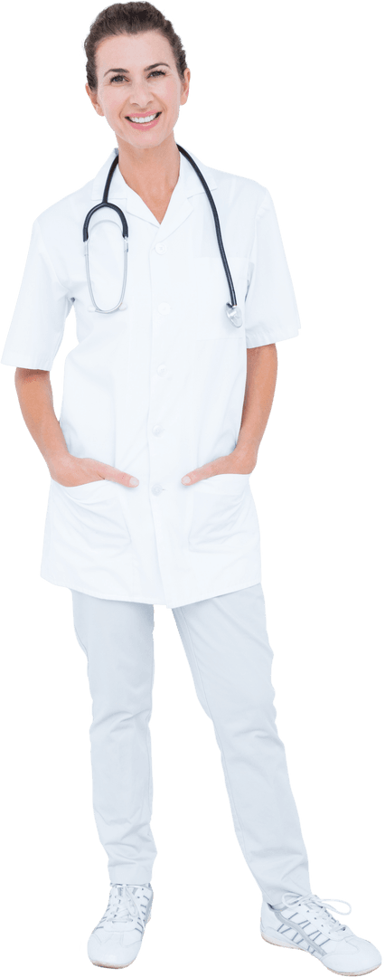 Smiling Transparent Female Doctor Standing with Hands in Pockets