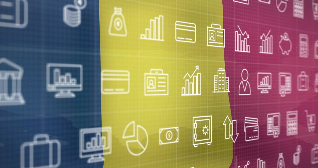 Financial Icons Overlay on Chad Flag Colors with Grid Background