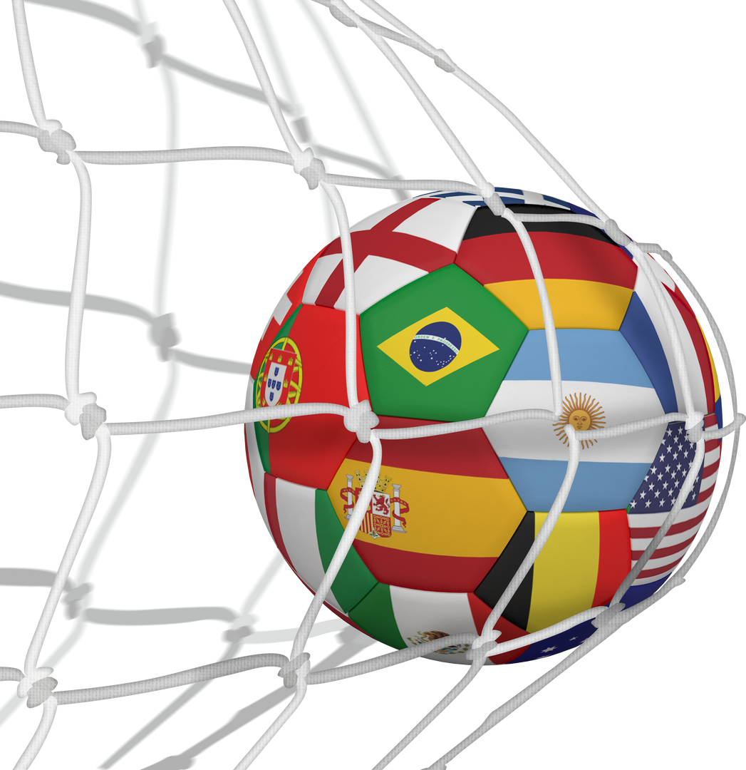 Transparent football with various national flags hitting the goal net, sports and competition - Download Free Stock Images Pikwizard.com