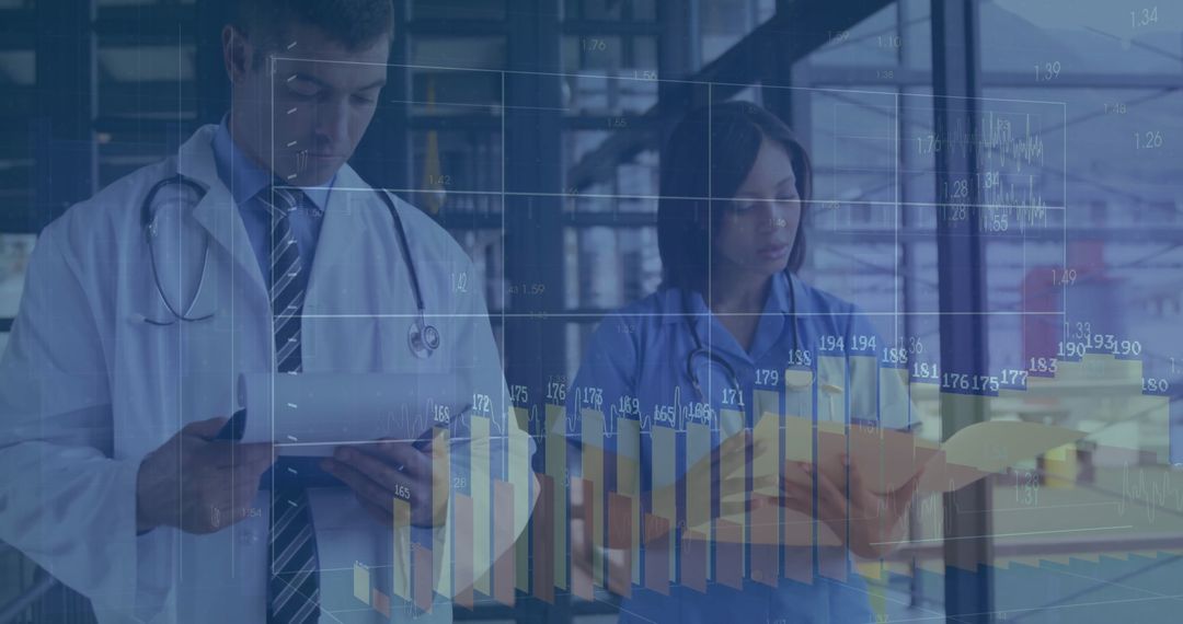 Healthcare Professionals Analyzing Data with Digital Tablet and Files