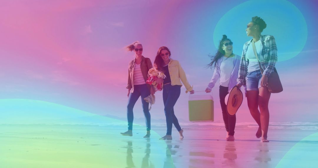 Group of Friends Walking on Beach with Cooler and Sun Hat