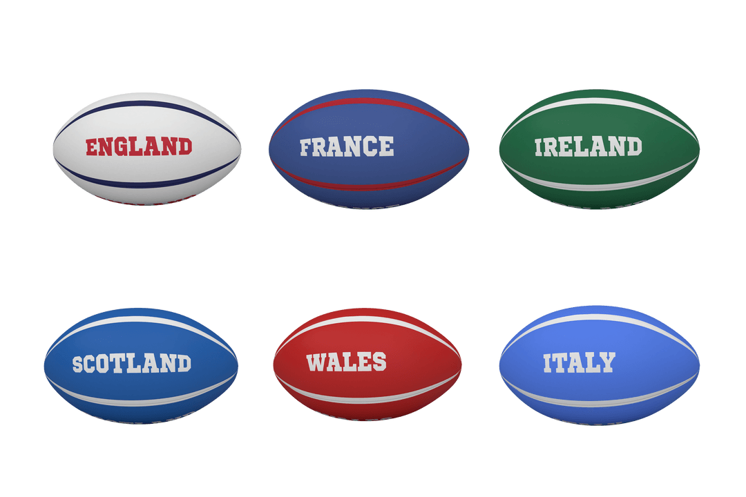 Six Nations Rugby Balls on Transparent Background with Country Names