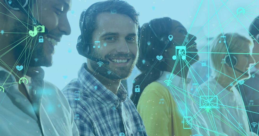 Smiling Customer Service Team with Digital Interface Overlay