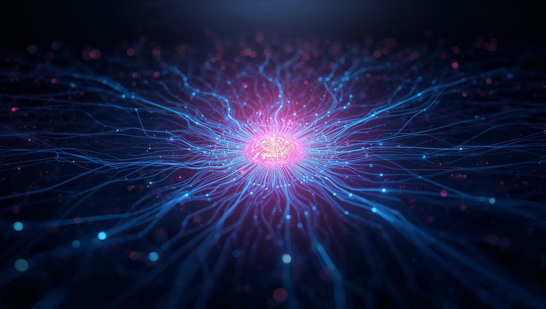 Radiant Neural Network Core Emitting Neon Blue Filaments and Magenta Data Particles