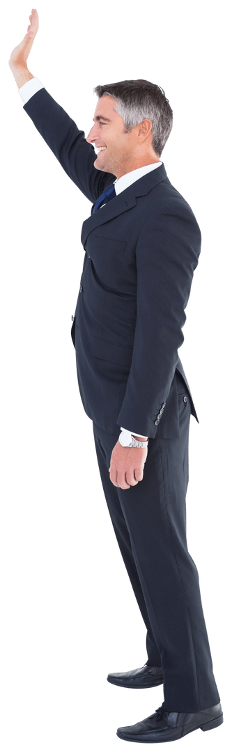 Full Length Side View of Businessman Waving on Transparent Background