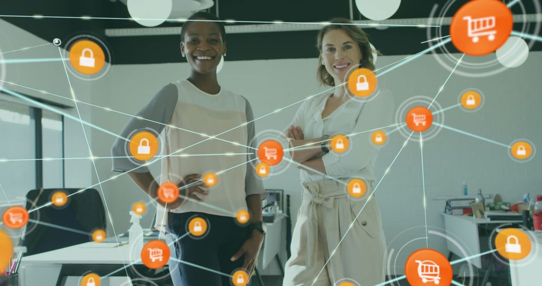 Diverse Female Coworkers with Secure Ecommerce Network Concept