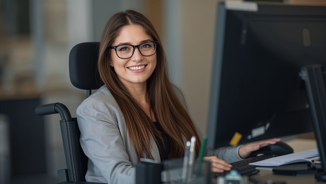 Smiling Woman Typing at Desk in Modern Office with Wheelchair