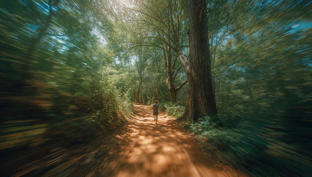Jogger on Forest Path with Sunlight Streaming Through Trees