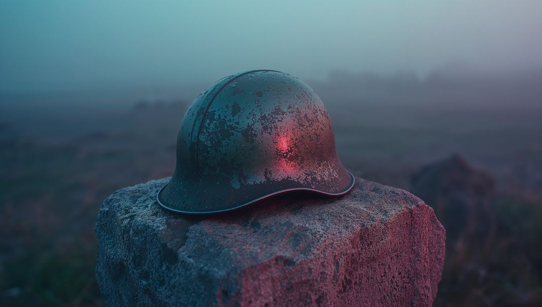 Rustic Steel Helmet on Stone in Foggy Battlefield Legacy