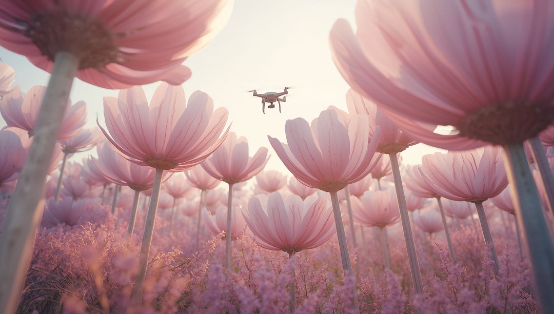 Drone Hovering Above Serene Pastel Pink Daisy Meadow