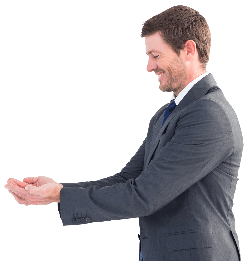 Professional Man in Suit Holding Empty Hands Offering Help