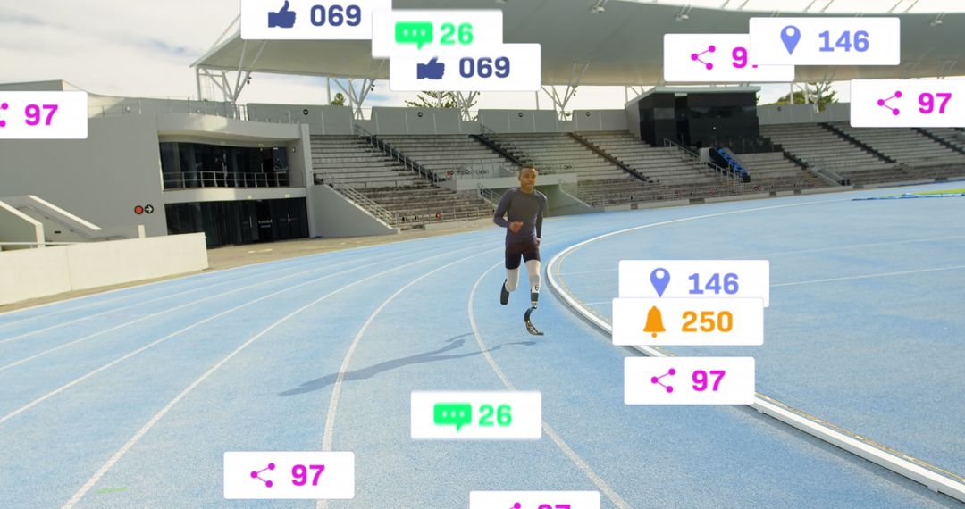 Athlete with Prosthetic Leg Running Amid Virtual Notifications