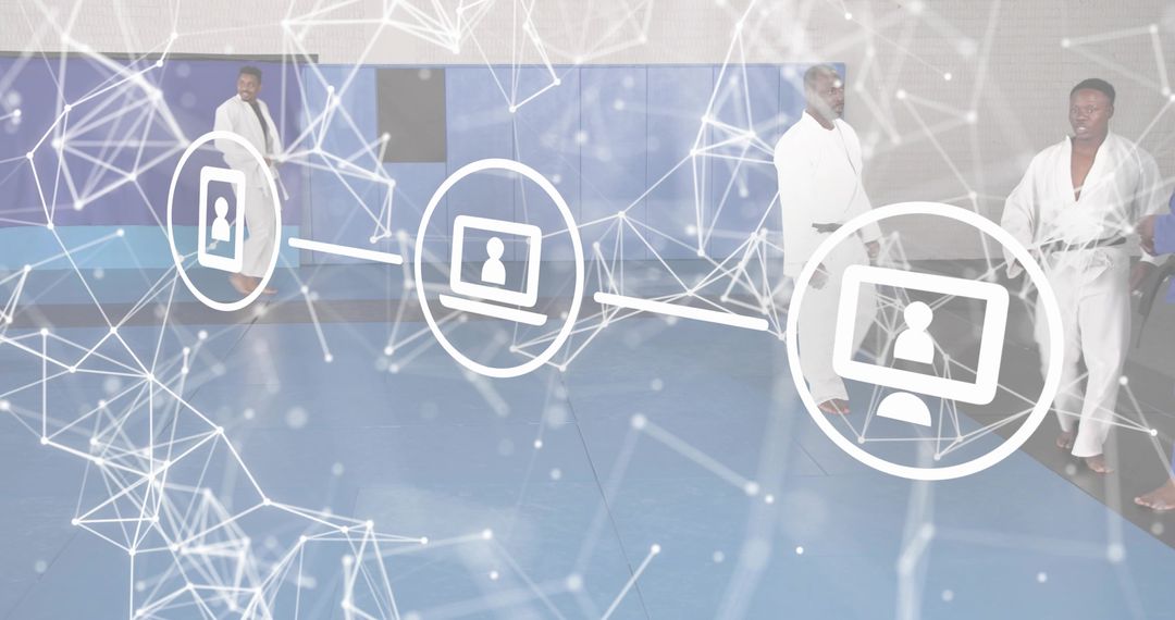 Karate students practicing stances on mats with digital network overlay for connected training