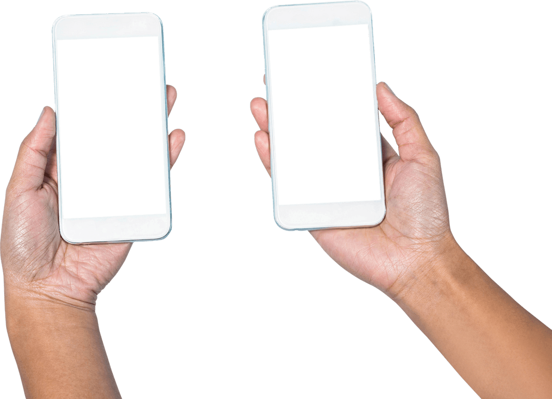 Hands Holding Two Transparent Smartphone Screens Isolated