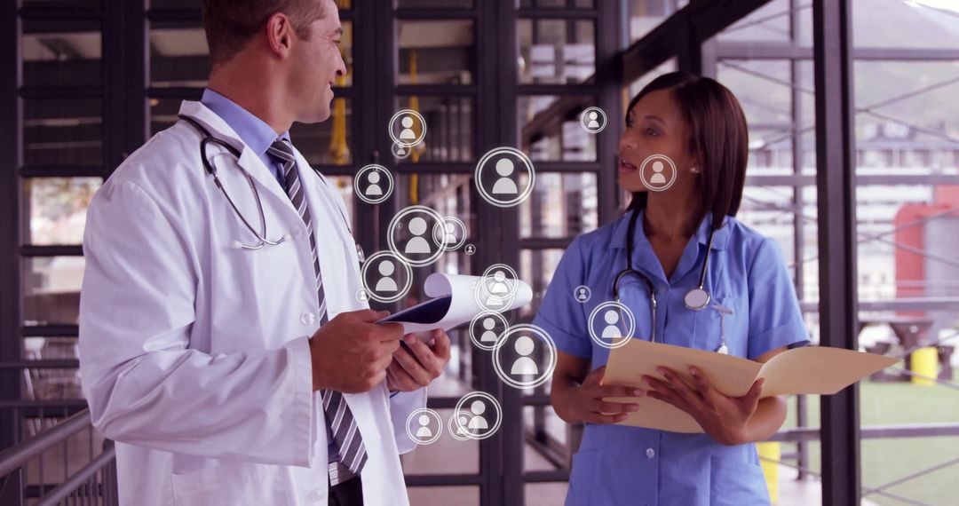 Doctors Discussing Data with Digital Network Illustration