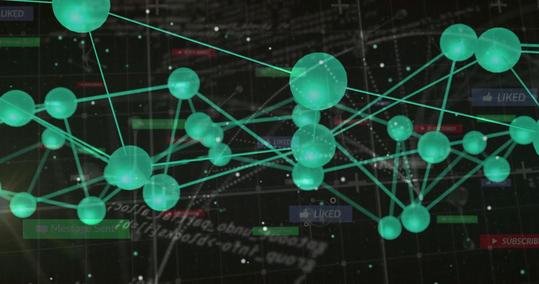 Floating Virtual Network of Glowing Green Spheres with UI Elements