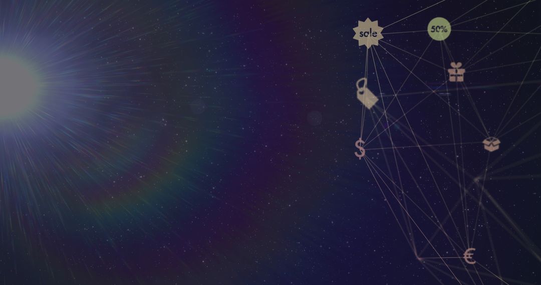 Futuristic Digital Network with Sales and Shopping Icons in Space