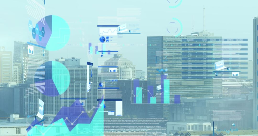 Dynamic Graphs Overlay on Urban Skyline Depicting Modern Business Growth