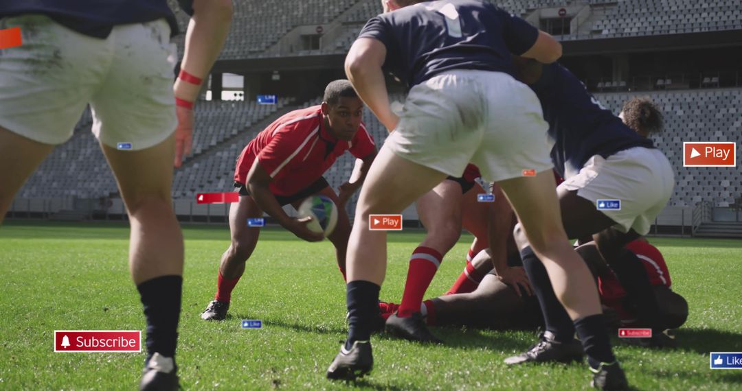 Intense Rugby Match in Action with Focus on Central Player