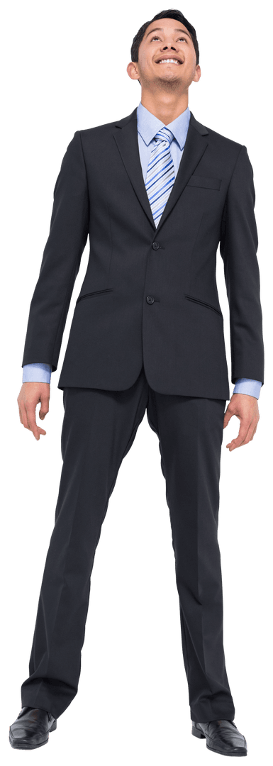 Happy Asian Businessman Looking Upward on Transparent Background