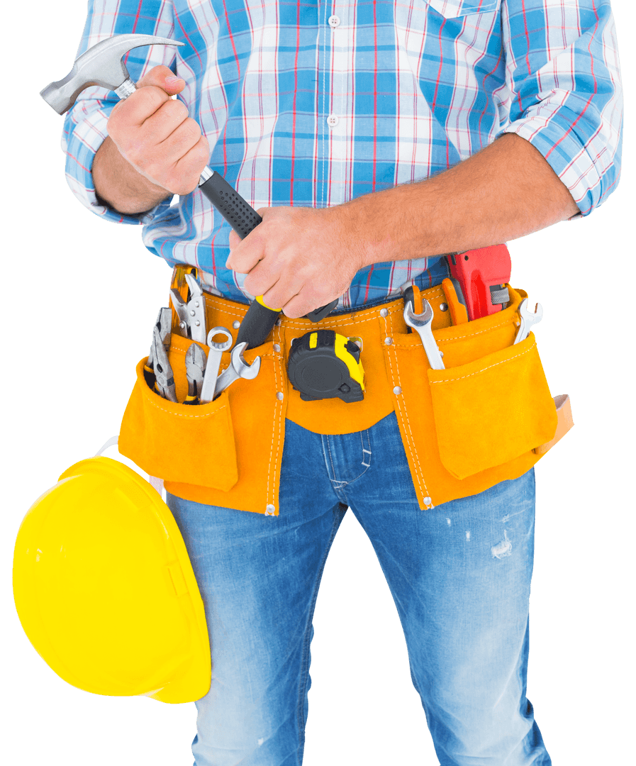 Midsection View Male Construction Worker Holding Hammer Transparent Background