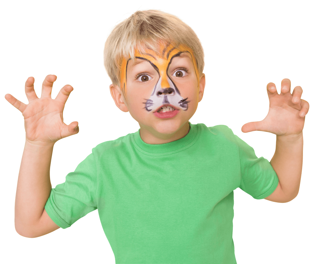 Playful Child Pretending to Be Tiger on Transparent Background