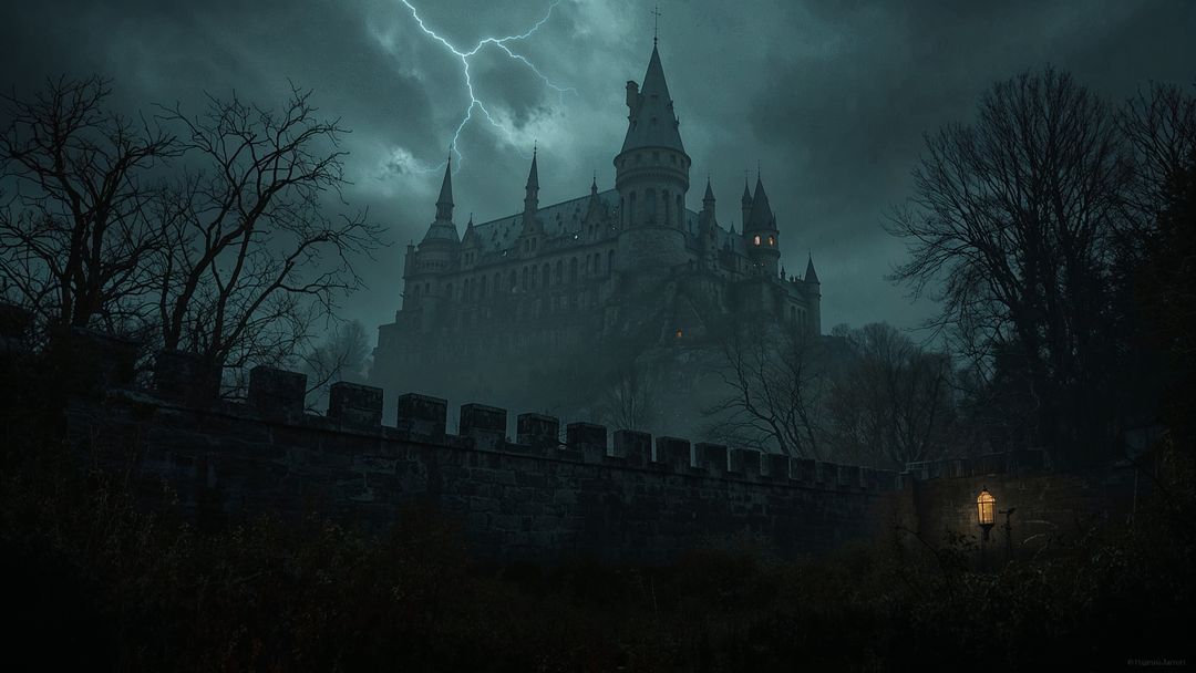 Gothic Castle Illuminated by Stormy Sky with Lightning Bolt