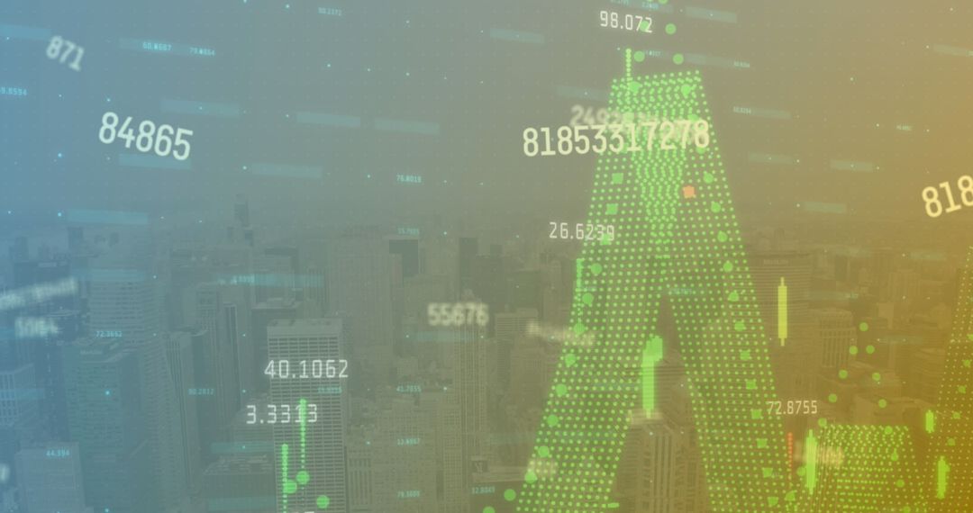 Cityscape with Digital Finance Data Display Overlay
