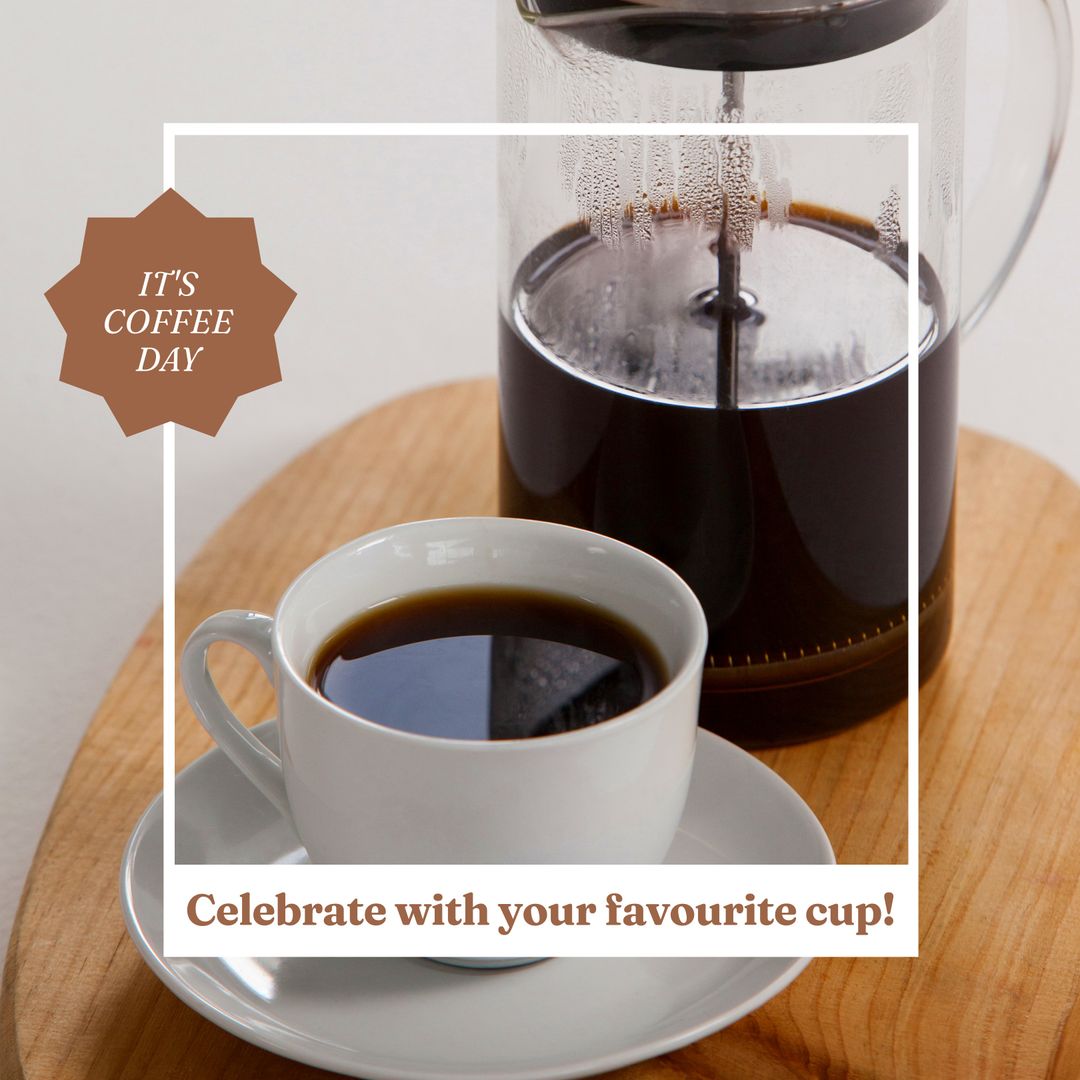 Coffee Day Celebration with French Press and Cup on Wooden Table - Download Free Stock Templates Pikwizard.com