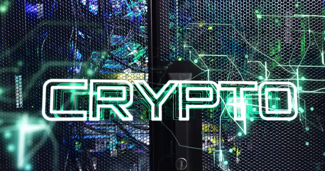 Crypto Text Overlaid on Futuristic Server Room Background